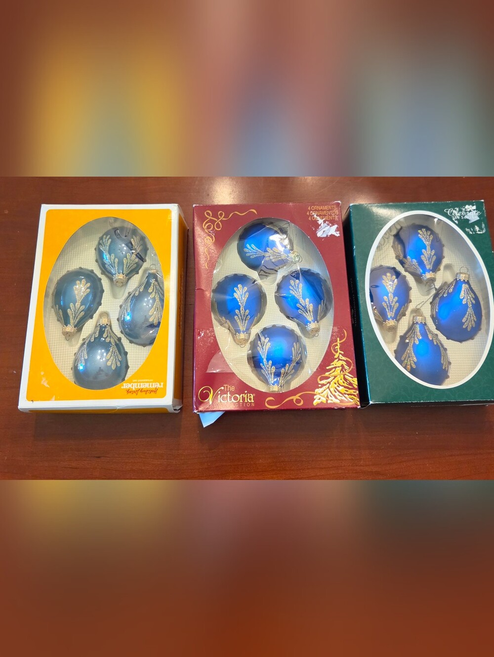 3 Boxes -Vtg Christmas by Krebs 12 Teardrop Ornaments Christmas Blue Gold See